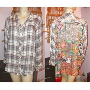 Tolani Mix Media Flannel Blouse Top Size L Oversized Button Up Tunic Artsy Boho